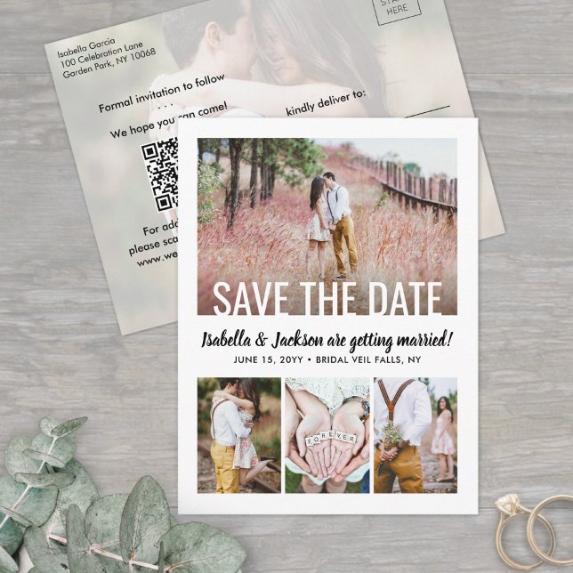 QR Code Modern Five Photo Wedding Save the Date Announcement Postcard (Creator Uploaded)