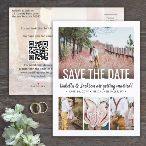 QR Code Modern Five Photo Wedding Save the Date Announcement Postcard