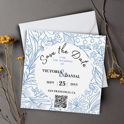 QR Code Modern Floral Save the Date Wedding 