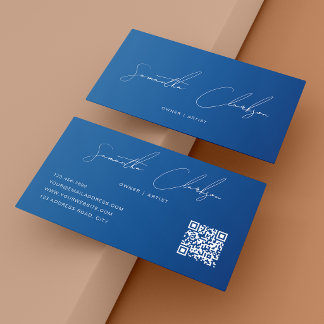 QR Code Modern Full Blue Handwritten Script Business Card
