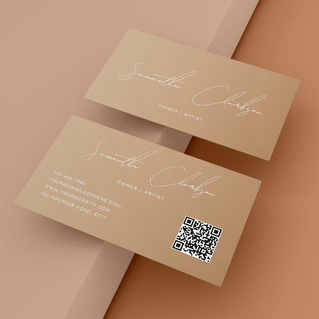 QR Code Modern Full Boho Beige Handwritten Script Business Card (Creator Uploaded)
