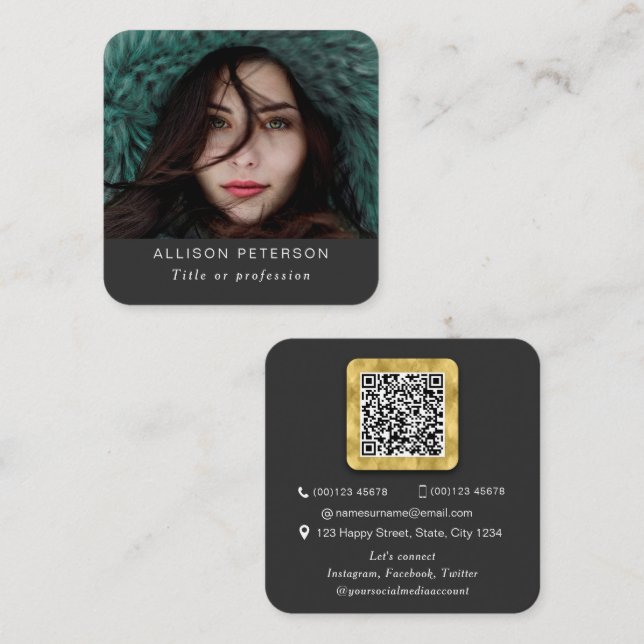 QR code modern gold professional scannable photo Square Business Card (Front/Back)
