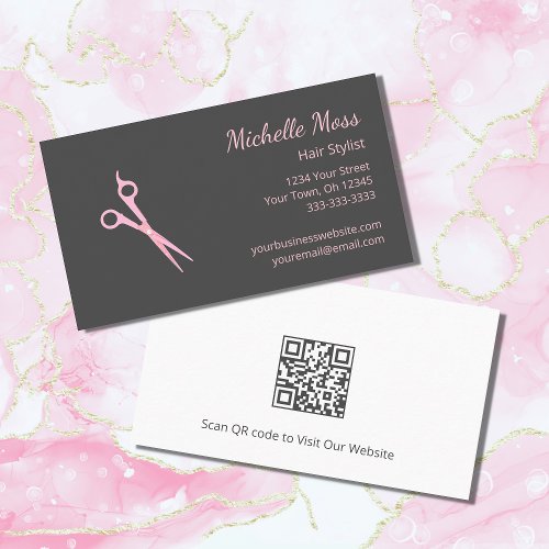 QR code Modern Hair Stylist Gray Pink Scissors   Business Card