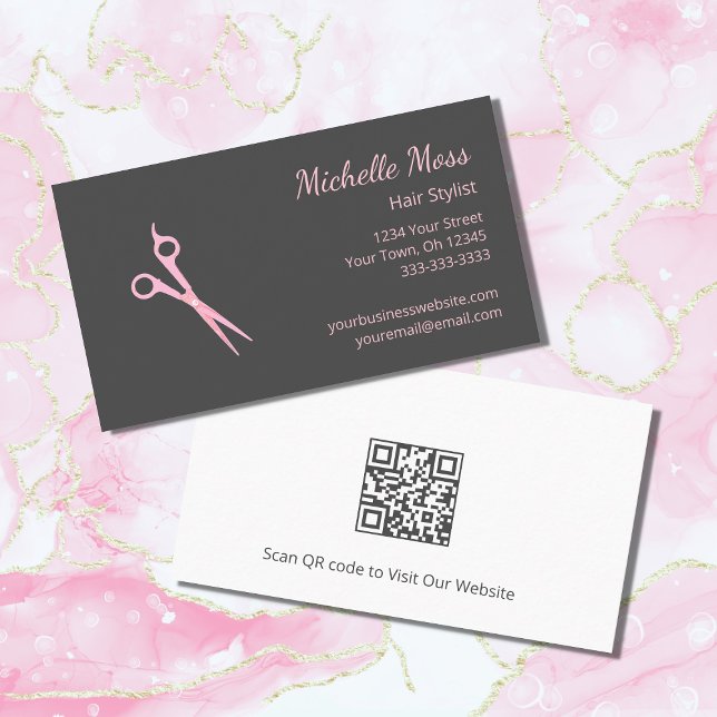 QR code Modern Hair Stylist Gray Pink Scissors   Business Card (Creator Uploaded)