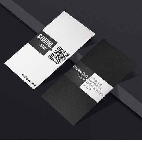 QR Code Modern Ivory Matte Black Minimal Vertical Business Card