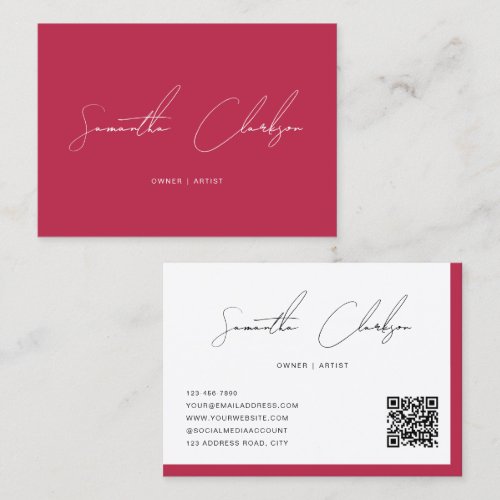 QR Code Modern Magenta Hot Pink Handwritten Script Business Card