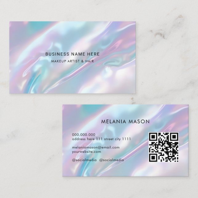 QR Code Modern Makeup Artist Elegant Holographic  Business Card (Front/Back)