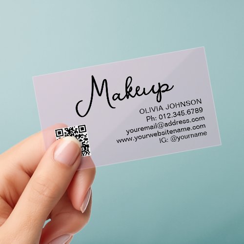 QR Code Modern Makeup Artist Pink Transparent Clear Business Cards