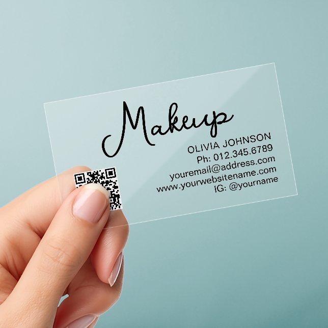 QR Code Modern Makeup Artist Transparent Clear Business Cards (Handheld)