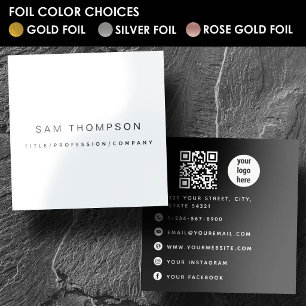QR Code Modern Metallic Silver Business Logo Foil Business Cards