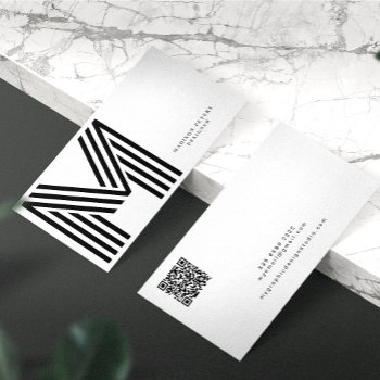 Qr Code Modern Minimalist Black And White Monogram Business Card by uniqueoffice at Zazzle