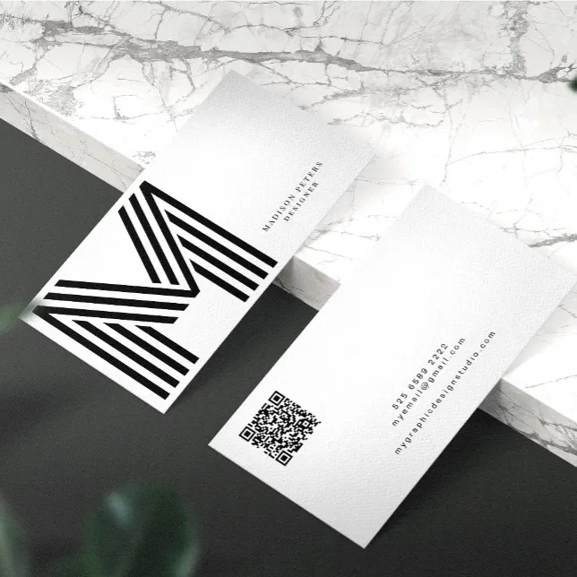 QR code modern minimalist black and white monogram Business Card | Zazzle