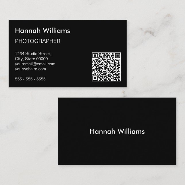 QR Code Modern Minimalist Black Business Card (Front/Back)