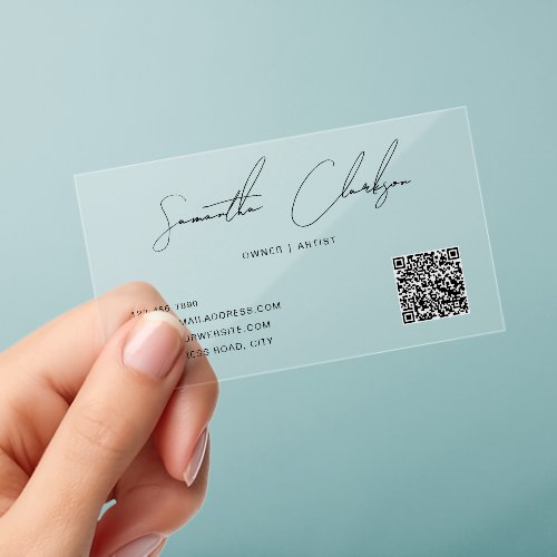 QR Code Modern Minimalist Handwritten Script Clear Business Cards