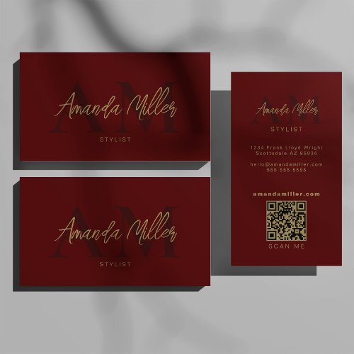 QR Code Modern Minimalist Monogram Dark Red Business Card