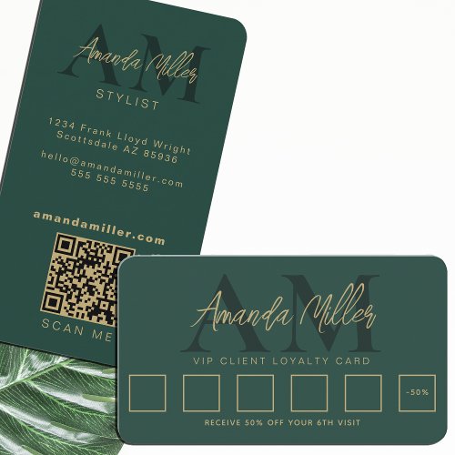 QR Code Modern Minimalist Monogram Emerald Green Loyalty Card