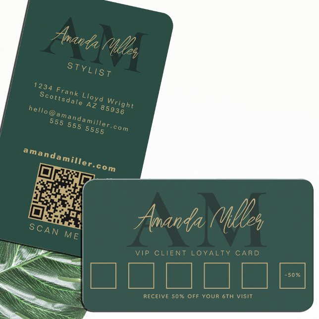 QR Code Modern Minimalist Monogram Emerald Green Loyalty Card (Creator Uploaded)