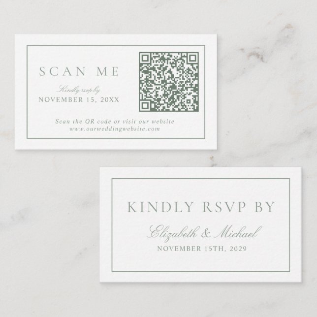 QR Code Modern Minimalist Monogram Sage Green RSVP Enclosure Card (Front/Back)