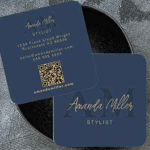 QR Code Modern Minimalist Monogram Vertical Black Square Business Card