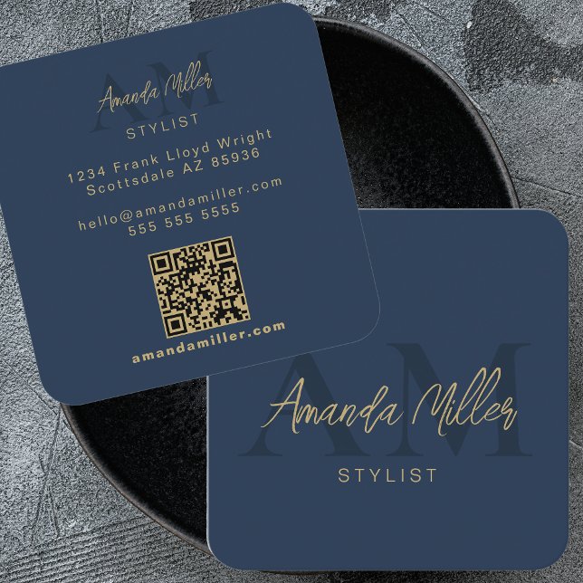 QR Code Modern Minimalist Monogram Vertical Black Square Business Card (Creator Uploaded)