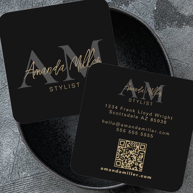 QR Code Modern Minimalist Monogram Vertical Black Square Business Card (Creator Uploaded)