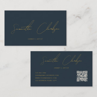 QR Code Modern Navy Blue & Gold Handwritten Script Business Card