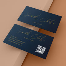 QR Code Modern Navy Blue & Gold Handwritten Script
