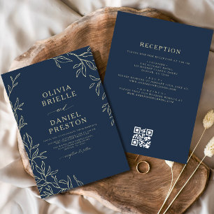 QR Code Modern Navy Blue Gold Minimal Leaf Wedding Invitation