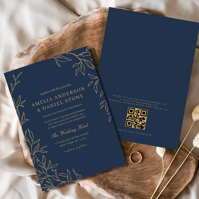 QR Code Modern Navy Blue Gold Minimal Wedding  Invitation (Creator Uploaded)