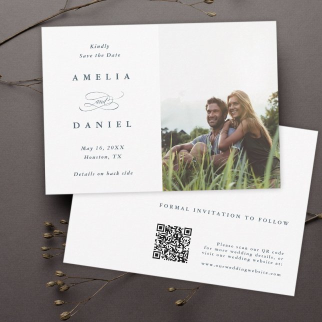 QR code Modern Photo Wedding Dusty Blue Save The Date (Creator Uploaded)