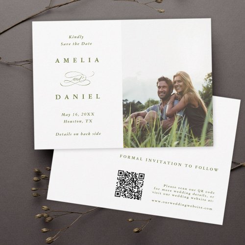 QR code Modern Photo Wedding Olive Green Save The Date