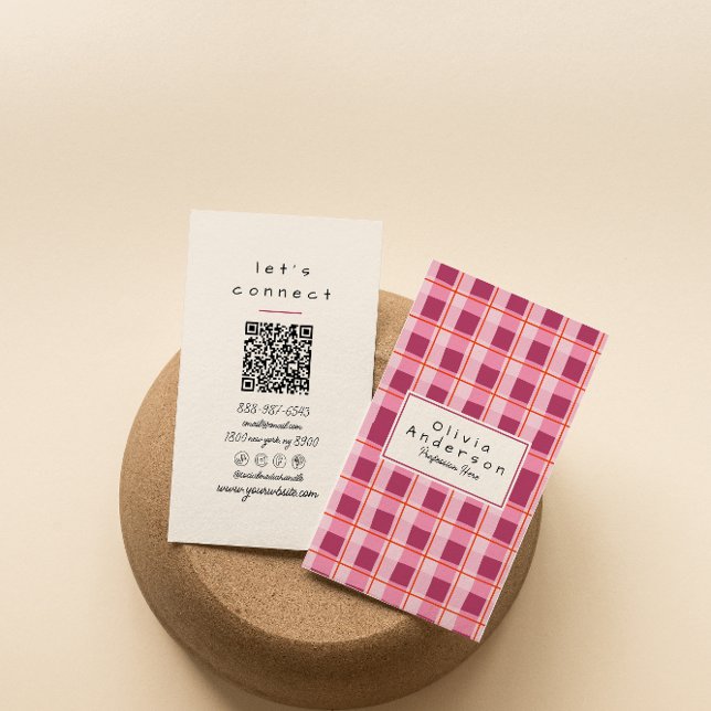 QR Code Modern Pink Checkered Quirky Boho Girly Business Card (Creator Uploaded)