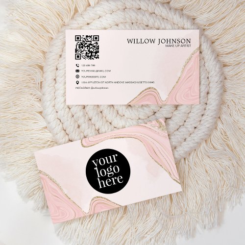 QR Code Modern Pink Gold Glitter Logo Professional Business Card