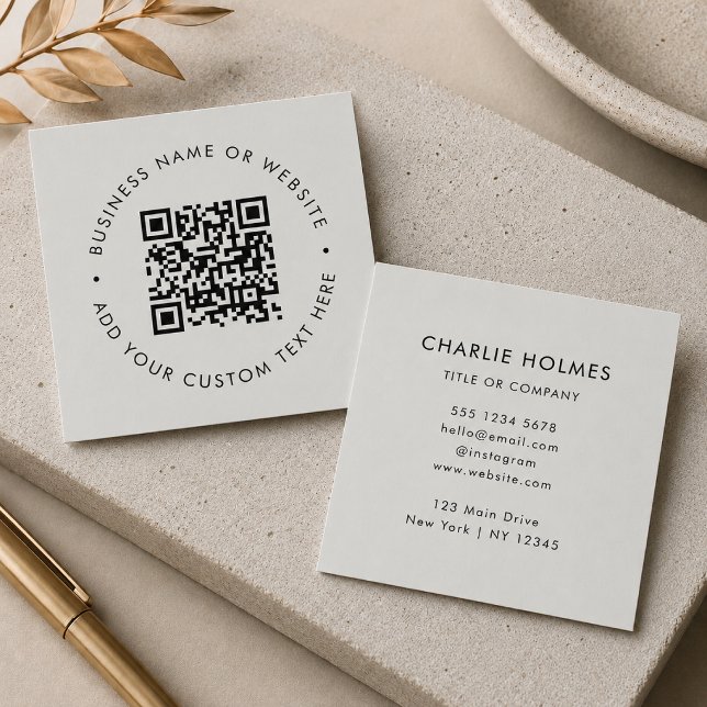 QR Code | Modern Professional Silver Gray Square Business Card (Interactive editable QR code square business cards to promote your business, products or services.)