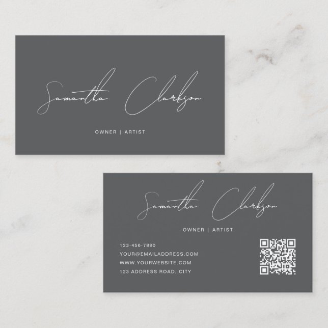 QR Code Modern Pure Dark Gray Handwritten Script Business Card (Front/Back)