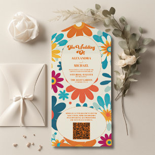 QR Code Modern Retro 70's Daisy Wedding All In One Invitation