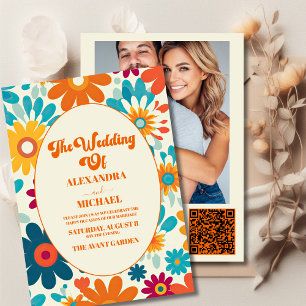 QR Code Modern Retro 70's Daisy Wedding Invitation
