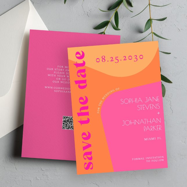 QR code modern retro groovy orange pink wedding Save The Date (Creator Uploaded)