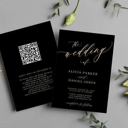 QR code modern romantic elegant gold black wedding Invitation