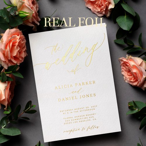 QR code modern romantic elegant gold wedding  Foil Invitation