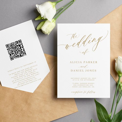 QR code modern romantic elegant gold wedding Invitation