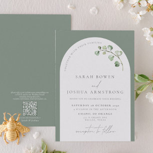 QR Code Modern Sage Green Arch Botanical Wedding Invitation