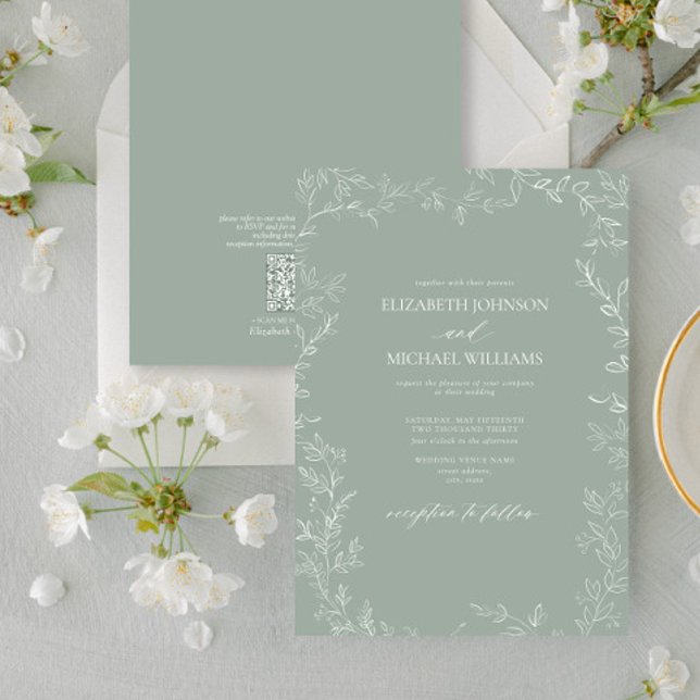 QR Code Modern Sage Green Minimal Leaf Wedding Invitation (Creator Uploaded)