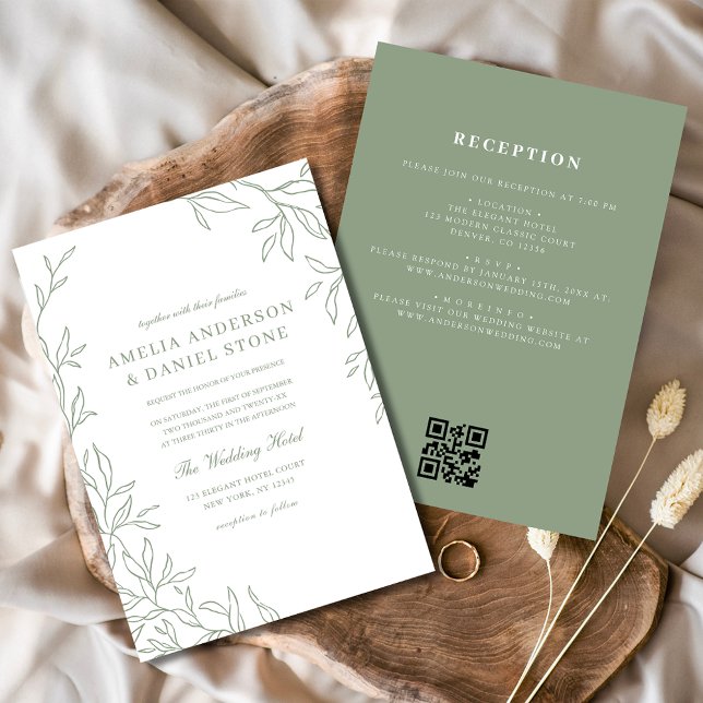QR Code Modern Sage Green Minimal Leaf Wedding  Invitation (Creator Uploaded)