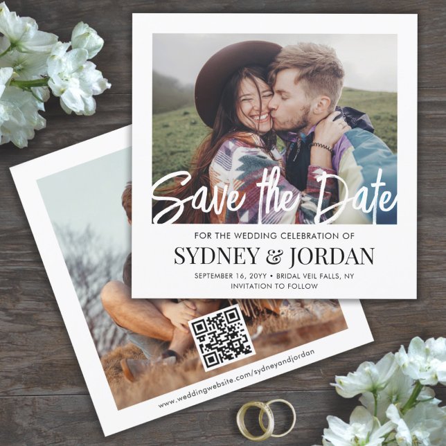 QR Code Modern Script Photo Overlay Square Wedding Save The Date (Creator Uploaded)