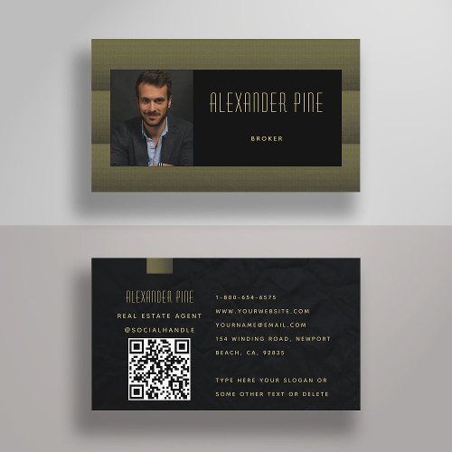 QR Code Modern Sleek Black Gold Professional Photo Business Card