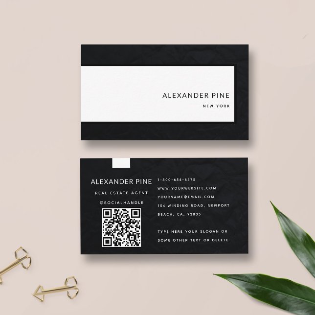QR Code Modern Sleek Black White Professional Business Card (simple modern elegant professional corporate generic business card black white qr code website sleek)