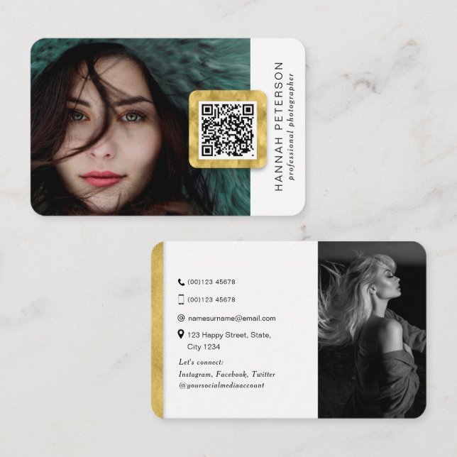 QR code modern stylish gold networking photos  Business Card (Front/Back)