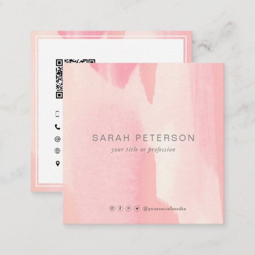 QR code modern trendy blush watercolor personal Square Business Card