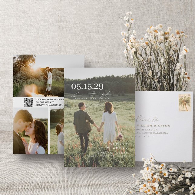QR Code Modern Typography Elegant Overlay 4 Photo Save The Date (QR Code Save the Date!)